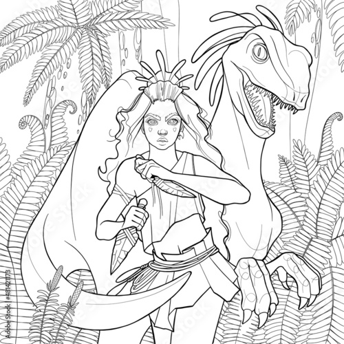 A cute wild girl stands in an attacking position under the protection of her friend velociraptor