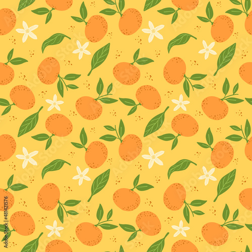 Tangerines seamless pattern. Orange citrus fruits endless wallpaper. Cute food backdrop.