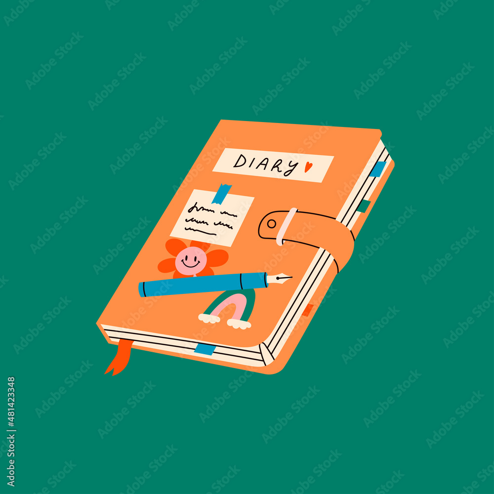 Closed yellow Notebook. Organizer for to do lists, personal plans, goals. Diary with stick notes, stickers, bookmarks, pen. Hand drawn modern Vector illustration. Isolated on green. Cartoon style Closed yellow Notebook. Organizer for to do lists, personal plans, goals. Diary with stick notes, stickers, bookmarks, pen. Hand drawn modern Vector illustration. Isolated on green. Cartoon style