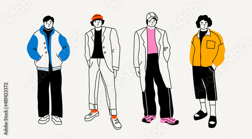 Street fashion look for boys. Young men dressed in stylish trendy oversized clothing. Models standing in various poses. Korean japanese asian cartoon style. Hand drawn Vector isolated illustrations