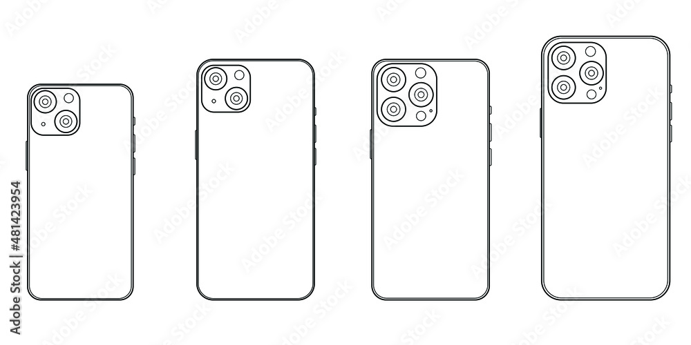 Lviv, Ukraine - January, 19, 2022: iPhone 13 back, series, line. Vector line drawings smartphone mockup. iPhone back side. Vector illustration Lviv, Ukraine - January, 19, 2022: iPhone 13 back, series, line. Vector line drawings smartphone mockup. iPhone back side. Vector illustration