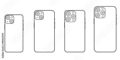 Lviv, Ukraine - January, 19, 2022:  iPhone 13 back, series, line. Vector line drawings smartphone mockup. iPhone back side. Vector illustration photo