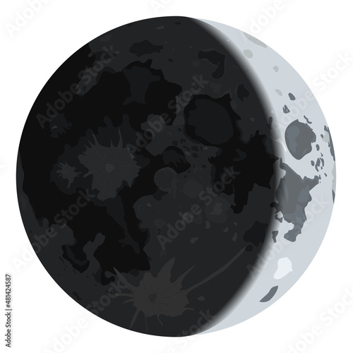 Moon crescent. Realistic lunar phase with shadow on surface