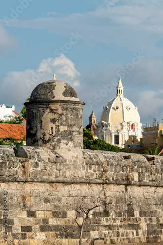 Cartagena, Bolivar, Colombia. November 3, 2021: Fortifications in the walled city with blue sky.