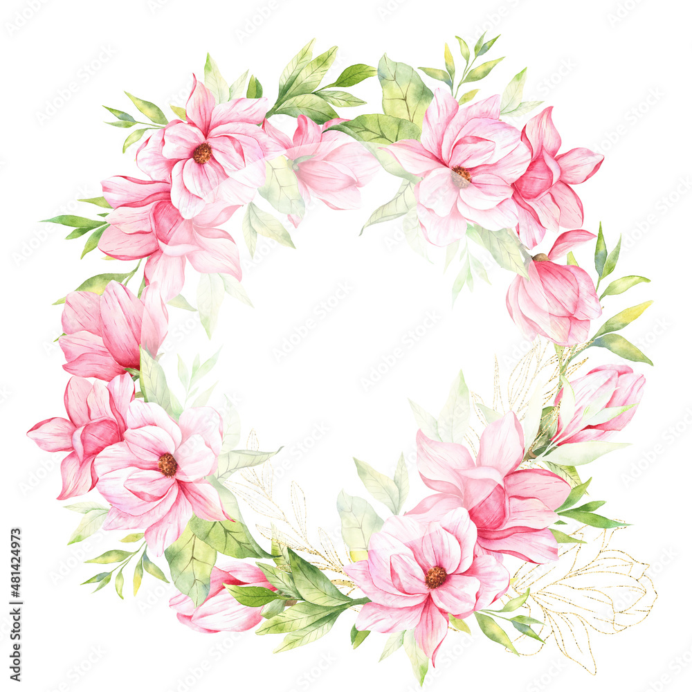 Watercolor Magnolia Card, Magnolia Frame. Pink Magnolia Wedding Invitation Template, Floral Frame