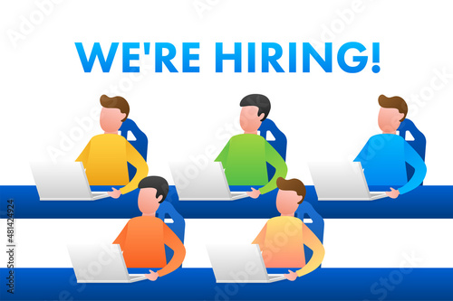 We are hiring flat cartoon illustration. Recruitment concept. Hire workers, choice employers search team for job. Resume icon. Vector illustration. © DG-Studio