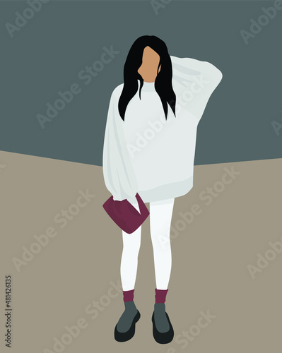 A young lady in a gray sweater, white pants, gray boots, with a bag and colorful socks. Vector flat image with a dark background. Design for postcards, posters, backgrounds, templates, textiles, avata