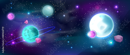 Space background, vector universe galaxy sky, cosmic night neon planet view, sci-fi game illustration. Shining moon, Saturn, star, asteroid, astrology futuristic wallpaper. Space abstract background