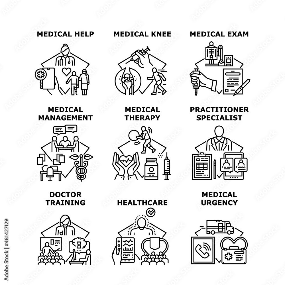 Fototapeta premium Medical service Healthcare, exam, management, therapy, Practitioner specialist, Doctor trainig, knee, Urgency, help vector concept black illustration