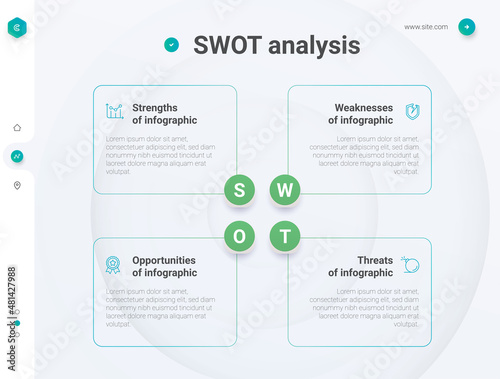 SWOT diagram with 4 rectangular elements.Comparative table, analysis of the advantages and disadvantages of the company. Infographic design template.Vector illustration for strategic business planning