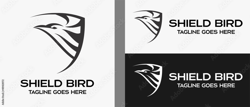 bird head logo design template in shield with black and white creative concept. premium vector logo illustration