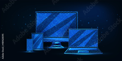 Futuristic set of computer monitor, laptop, tablet, smartphone with glowing low polygonal style
