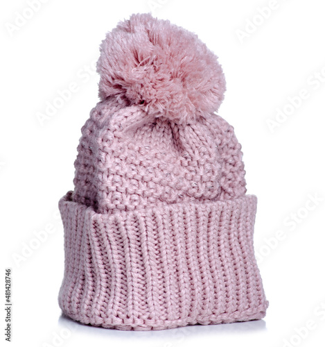 Pink warm hat for girls on white background isolation