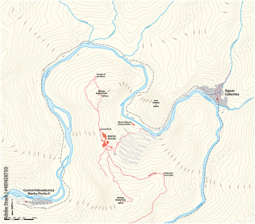 Area map of the Inca ruined city of Machu Picchu, Cusco, Peru 