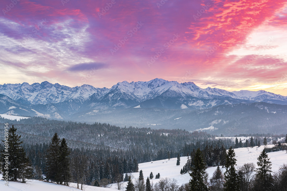 Sunset in Tatra Mountains in Poland at Winter