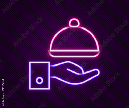 Glowing neon line Covered with a tray of food icon isolated on black background. Tray and lid sign. Restaurant cloche with lid. Colorful outline concept. Vector