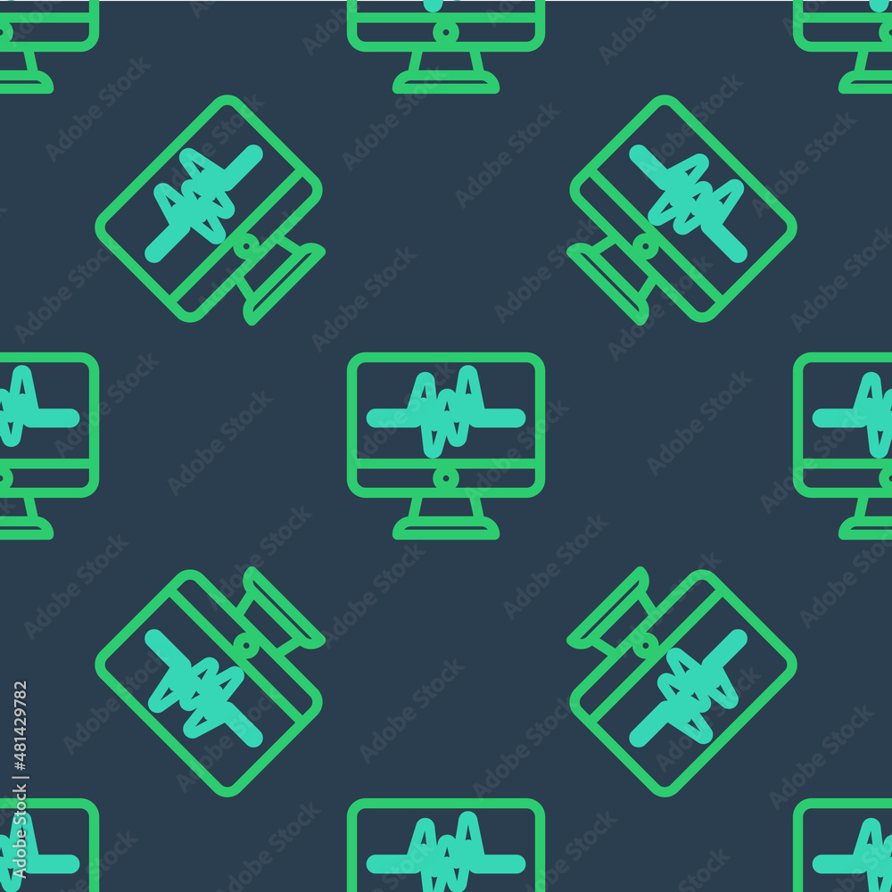 Line Computer monitor with cardiogram icon isolated seamless pattern on blue background. Monitoring icon. ECG monitor with heart beat hand drawn. Vector Line Computer monitor with cardiogram icon isolated seamless pattern on blue background. Monitoring icon. ECG monitor with heart beat hand drawn. Vector
