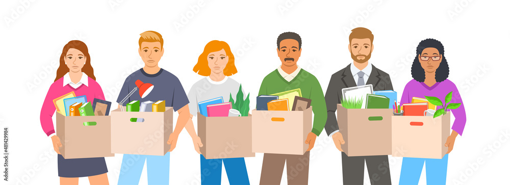 Unemployed fired people. Group of sad jobless workers holding boxes with their stuff. Unhappy upset faces worried about job loss. Unemployment during the economic crisis. Flat vector illustration