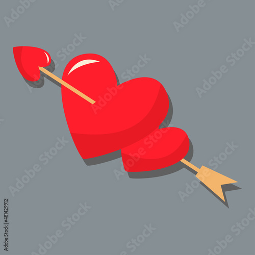 An arrow and two hearts. Day of love. valentine's day. A greeting card with a declaration of love. A flat vector image on a gray background.