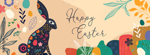 Happy Easter vintage folk art rabbit spring banner