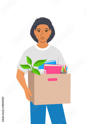 Unemployed fired black woman. Sad jobless girl holds box with personal stuff. Unhappy upset face worried about job loss. Unemployment during the economic crisis. Flat vector illustration