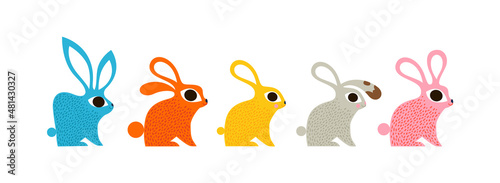Easter rabbit animal color retro folk cartoon set