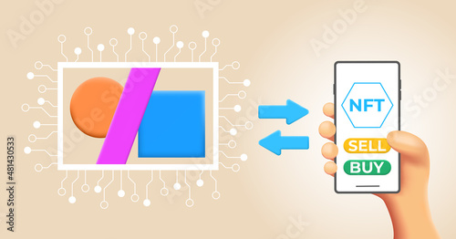 NFT Art Sale concept. 3d hand with phone with two buttons on screen. Crypto Art Monetization Composition.