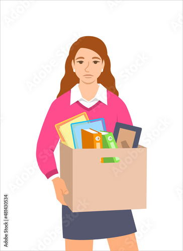Unemployed fired young woman. Sad jobless girl holds box with personal stuff. Unhappy upset face worried about job loss. Unemployment during the economic crisis. Flat vector illustration © vectorikart