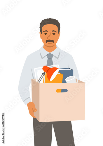 Unemployed fired black man. Sad jobless office worker holds box with personal stuff. Unhappy upset face worried about job loss. Unemployment during the economic crisis. Flat vector illustration
