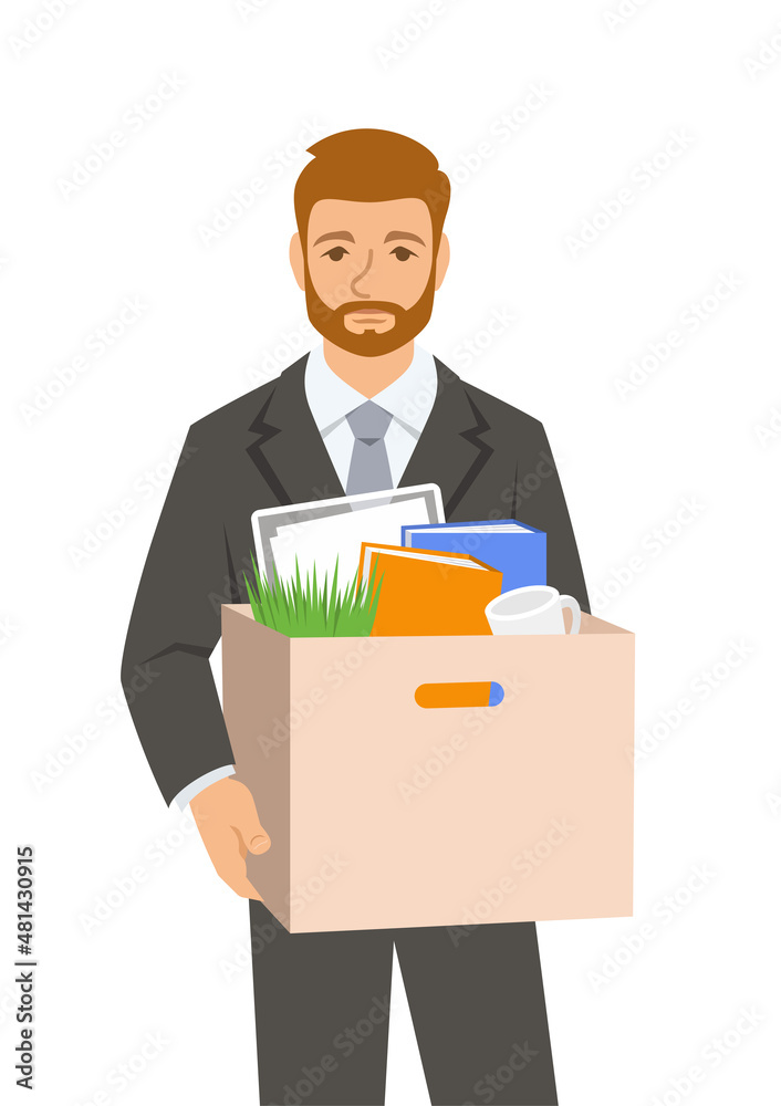 Unemployed fired man in business suit. Sad jobless office worker holds box with personal stuff. Upset face worried about job loss. Unemployment during the economic crisis. Flat vector illustration Unemployed fired man in business suit. Sad jobless office worker holds box with personal stuff. Upset face worried about job loss. Unemployment during the economic crisis. Flat vector illustration