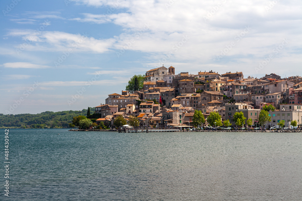 View of little town Anguillara Sabazia on Lake of Bracciano, Lazio, Italy