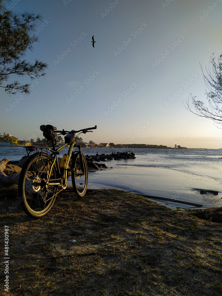 Fototapeta premium bike on the beach at sunset