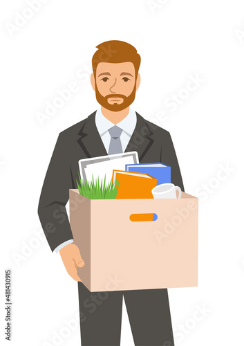Unemployed fired man in business suit. Sad jobless office worker holds box with personal stuff. Upset face worried about job loss. Unemployment during the economic crisis. Flat vector illustration