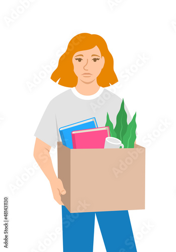 Unemployed fired young woman. Sad jobless girl holds box with personal stuff. Unhappy upset face worried about job loss. Youth unemployment during the economic crisis. Flat vector illustration