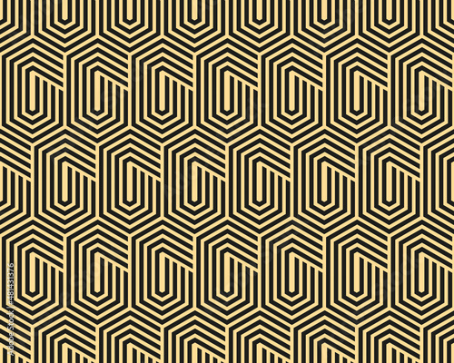 Abstract geometric pattern with stripes, lines. Seamless vector background. Gold and black ornament. Simple lattice graphic design