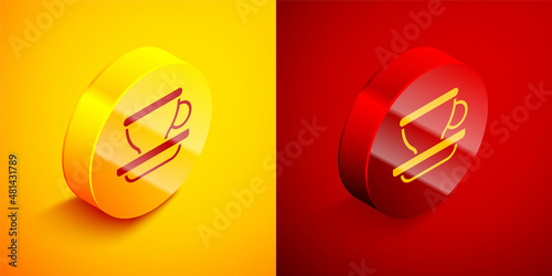 Isometric Coffee cup icon isolated on orange and red background. Tea cup. Hot drink coffee. Circle button. Vector