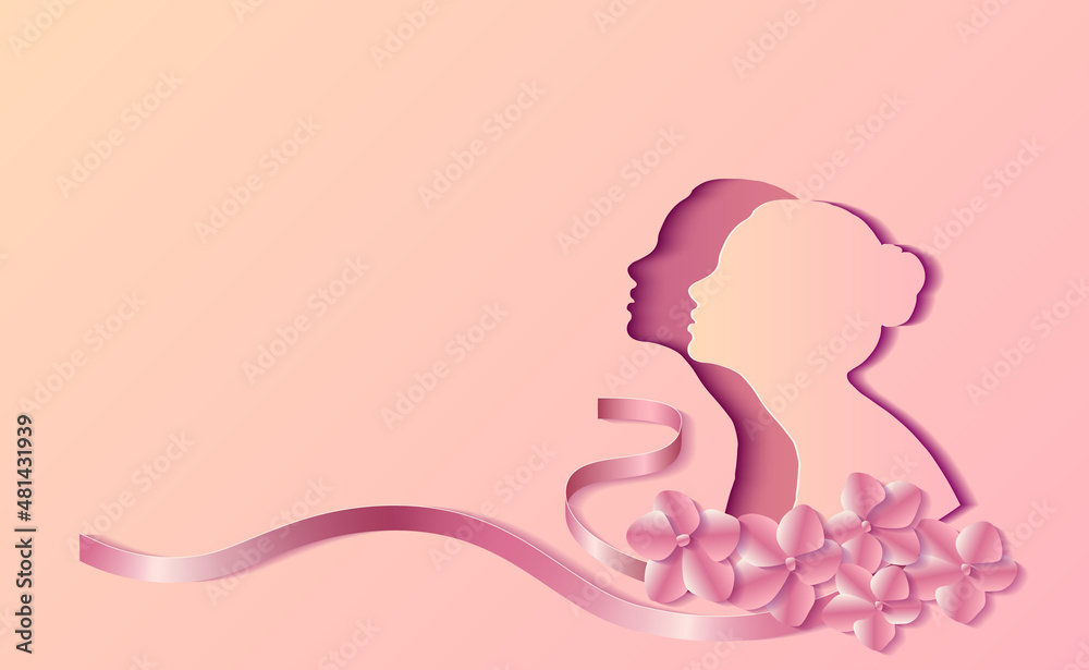 International Women's Day. The style of paper art. Vector illustration of a girl's outline cut out of cardboard with a frame of flowers and satin ribbons. International Women's Day. The style of paper art. Vector illustration of a girl's outline cut out of cardboard with a frame of flowers and satin ribbons.