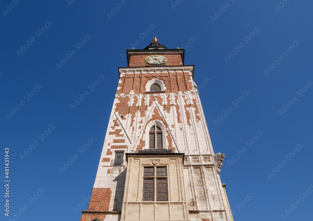 Historic Krakow Town Hall Tower, Wieża Ratuszowa w Krakowie. Main Market Square in the Old Town district of Kraków, Poland.