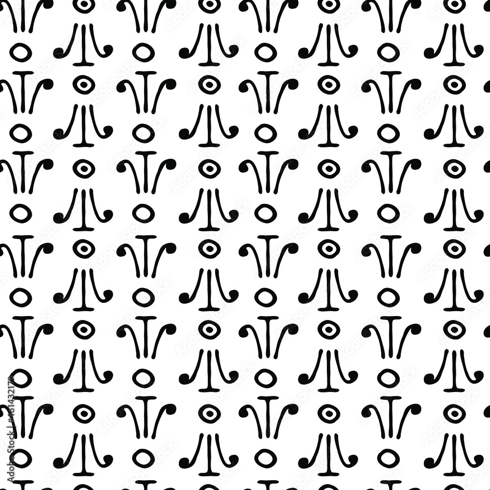 Repeatable seamless pattern with hand drawn doodle elements. For backgrounds, wallpapers, wrapping papers, web banners. White and black.