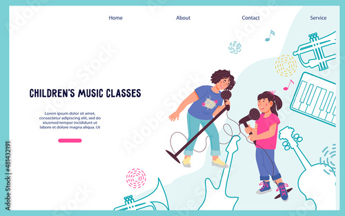 Kids music education, playing musical instruments and vocal classes banner for web and print materials, cartoon flat vector illustration.