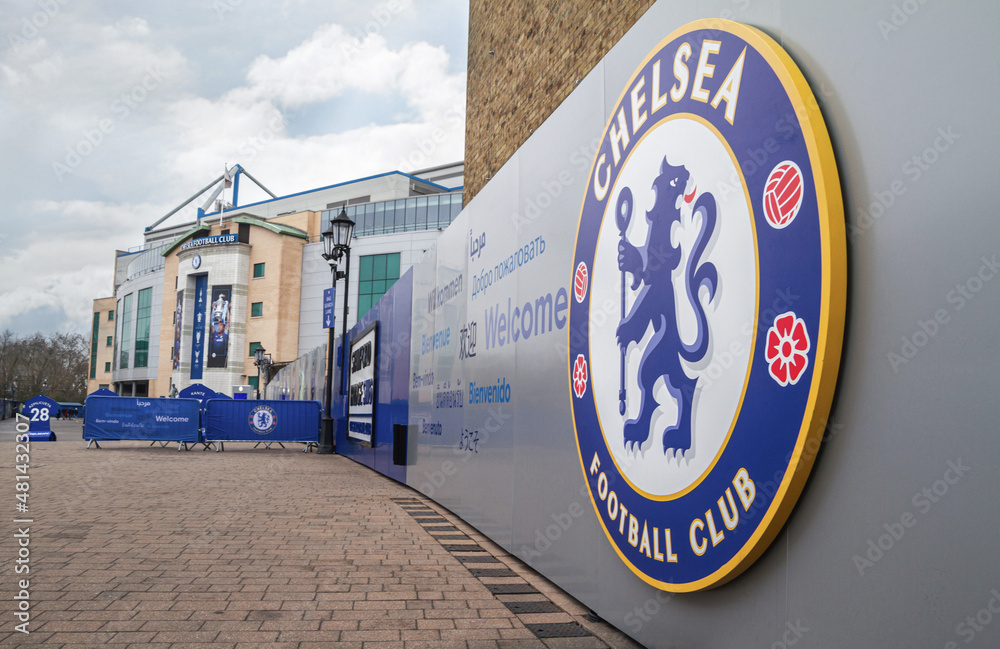 Chelsea Football Club (F.C.) logo or emblem in front of Stamford Bridge ...
