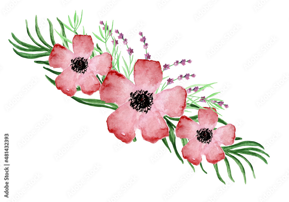 watercolor bouquets of flowers peonies poppies for valentine's day greeting cards invitations for design works