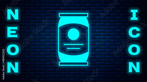 Glowing neon Beer can icon isolated on brick wall background. Vector