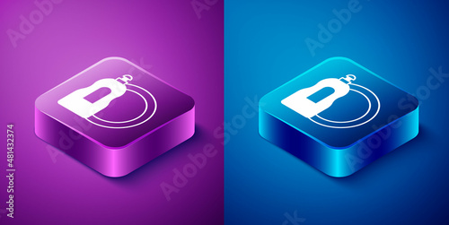 Isometric Dishwashing liquid bottle and plate icon isolated on blue and purple background. Liquid detergent for washing dishes. Square button. Vector