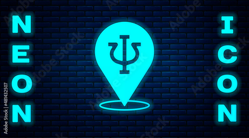 Glowing neon Psychology icon isolated on brick wall background. Psi symbol. Mental health concept, psychoanalysis analysis and psychotherapy. Vector