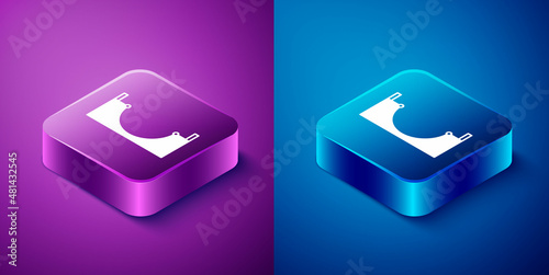 Isometric Skate park icon isolated on blue and purple background. Set of ramp, roller, stairs for a skatepark. Extreme sport. Square button. Vector