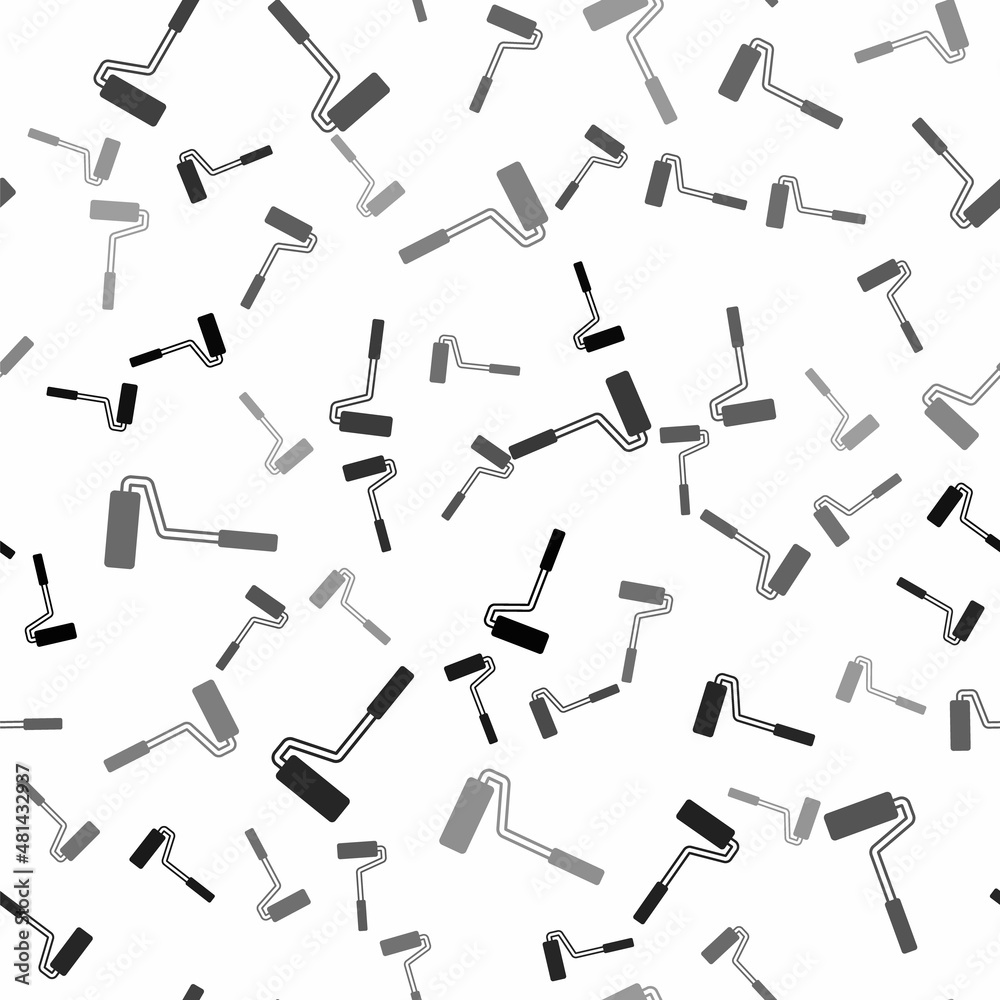 Black Paint roller brush icon isolated seamless pattern on white background. Vector