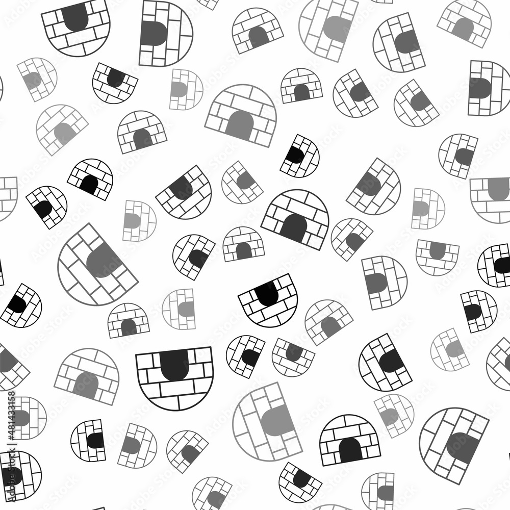 Black Igloo ice house icon isolated seamless pattern on white background. Snow home, Eskimo dome-shaped hut winter shelter, made of blocks. Vector
