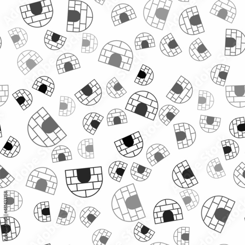 Black Igloo ice house icon isolated seamless pattern on white background. Snow home, Eskimo dome-shaped hut winter shelter, made of blocks. Vector