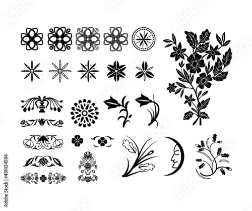 Ethnic decorative elements. The set of vector black design elements for greeting cards, letters, posters. Folk ornaments, vignettes, corners.